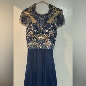 Sherri Hill Blue and Gold Embellished Dress